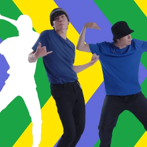 Photo of a young man dancing next to another image of the same young man striking another pose.