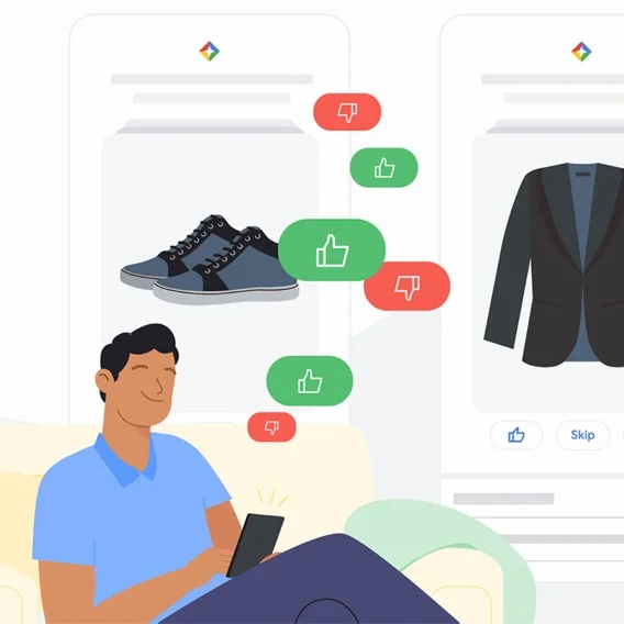 Illustration of a man looking at a phone. Thumbs up and thumbs down icons hover above the phone. Illustrations of shoes and a suit jacket are in the background.