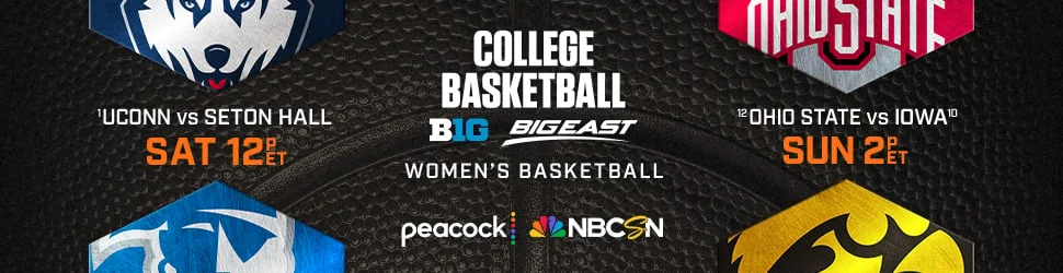 Unconn vs. Seton Hall Saturday at 12:00p ET. Iowa State vs. Ohio State Sunday at 2:00p ET on Peacock