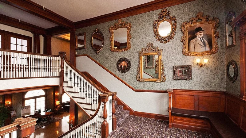 Image description: Stairway at The Stanley Hotel.