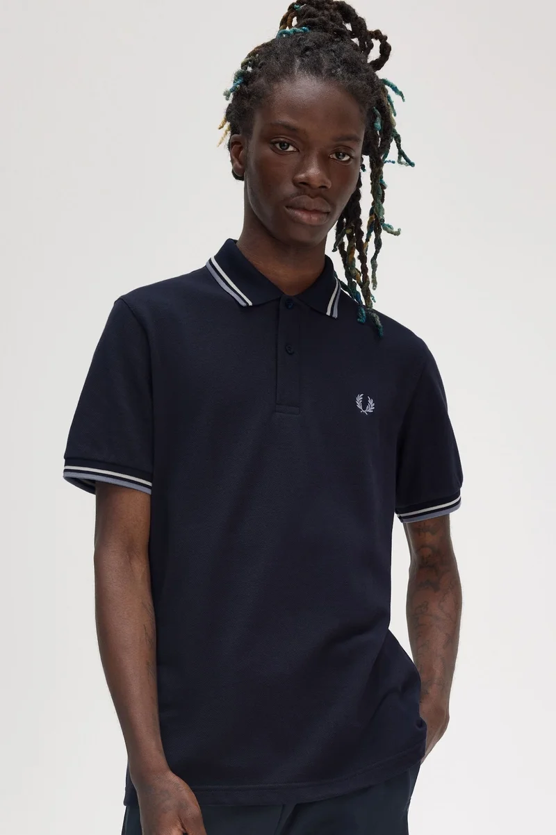 Navy Fred Perry Shirt with smoky blue and ecru twin tipping