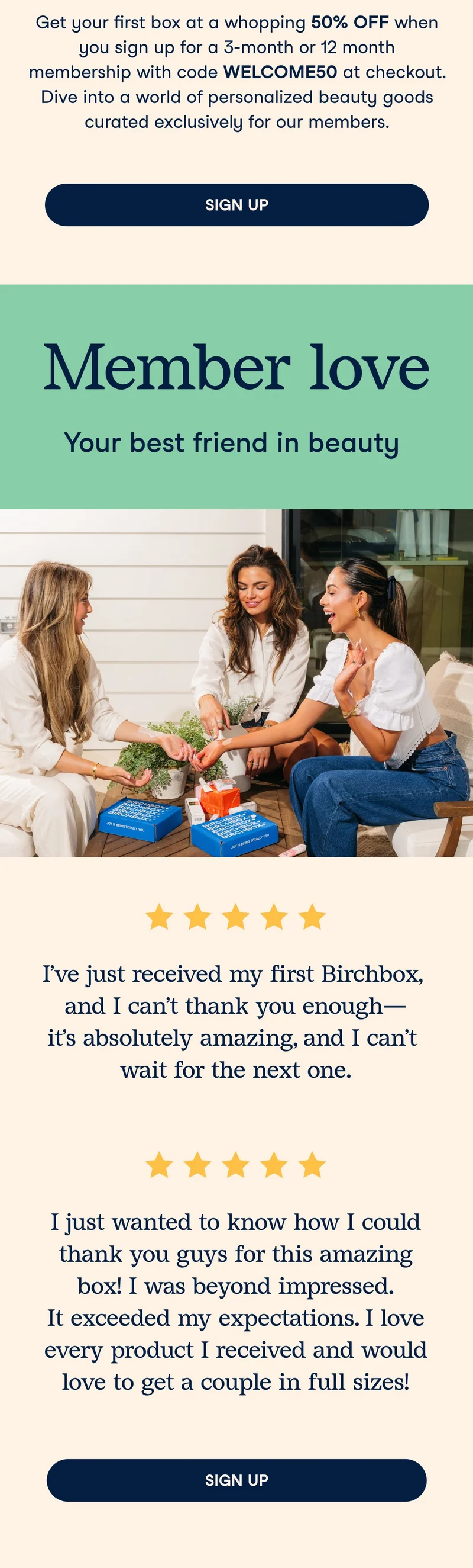 50 percent off first box with 3 or 12 month membership.