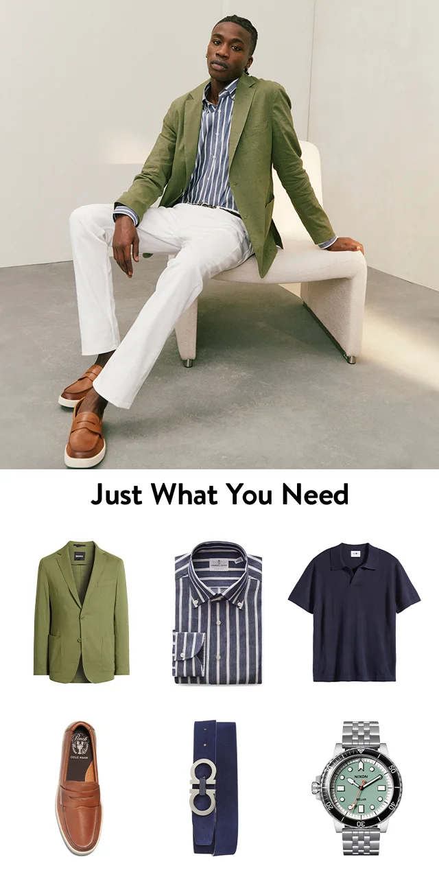 Man wearing a blazer, stripe shirt, pants and slip-ons. Green blazer, stripe shirt, navy polo. Slip-on shoes, black belt, stainlesss steel watch.
