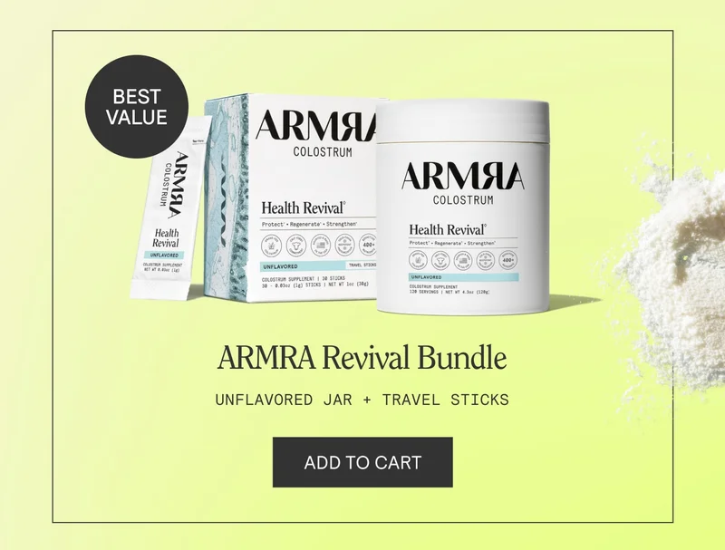 ARMRA Revival Bundle product image with ‘Best Value’ badge; unflavored jar + travel sticks; ‘Add to cart’ button.