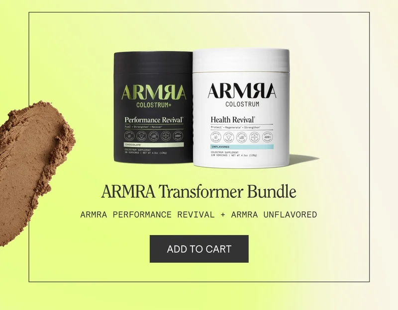 ARMRA Transformer Bundle featuring Performance Revival and Health Revival jars; ‘Add to cart’ button.