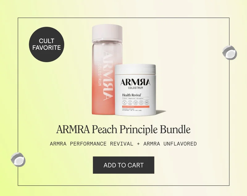 ARMRA Peach Principle Bundle with ‘Cult Favorite’ badge; Performance Revival bottle + Unflavored jar; ‘Add to cart’ button.