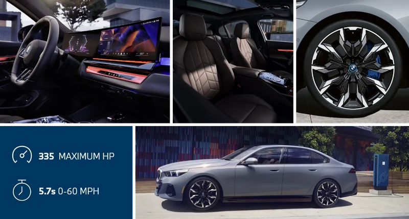 A carousel of images showing the interior and exrior shots of the All-Electric BMW i5 sedan. 335 maximum HP. 5.7s 0-60 MPH.