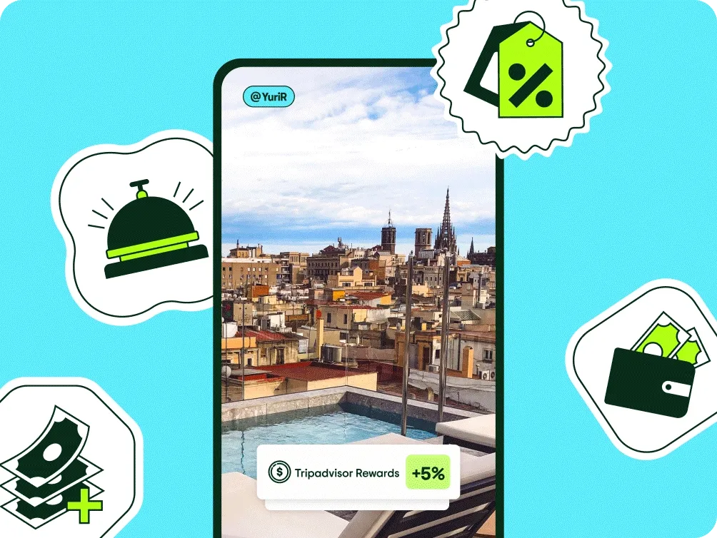 Image Description: A rotating GIF of stays and things to do that can earn you 5% back in Tripadvisor Rewards with icons of planes, maps, hearts, and bubble ratings.