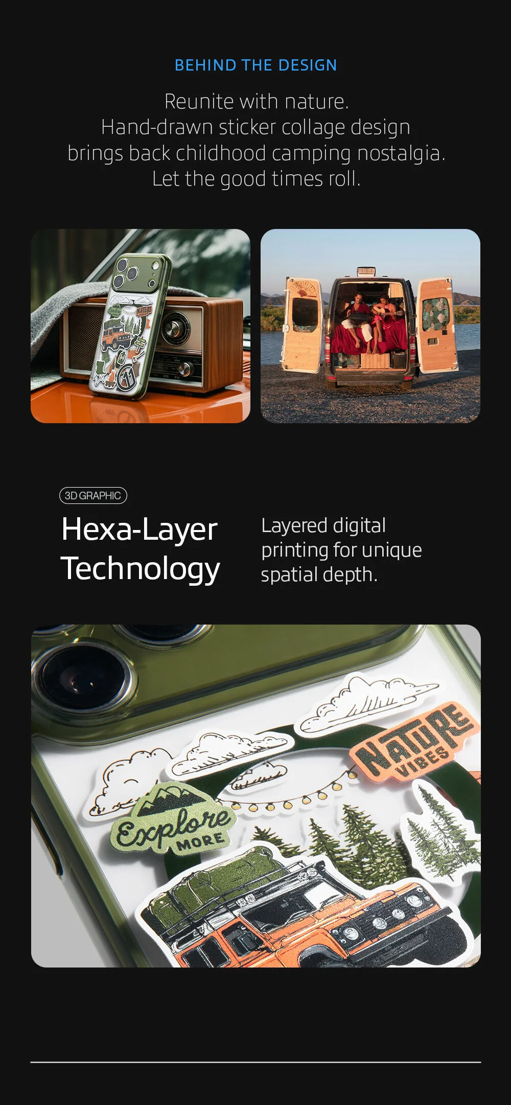 Reunite with nature. Hand-drawn sticker collage design brings back childhood camping nostalgia. Let the good times roll. 3D Hexa-Layer Technology Layered digital printing for unique spatial depth.