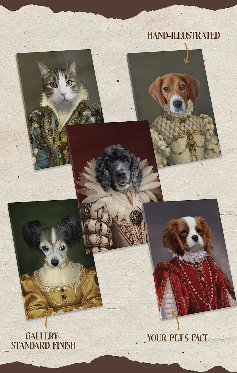 Five custom female pet portrait mock ups. Hand-illustrated with a gallery-standard finish.