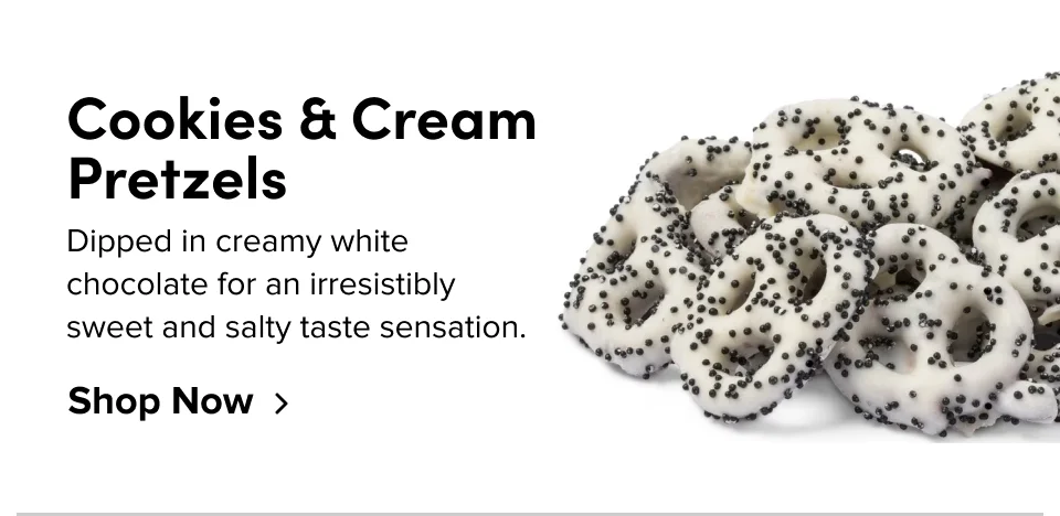 Cookies & Cream Prezels; Dipped in creamy white chocolate for an irresistibly sweet and salty taste sensation. Shop now