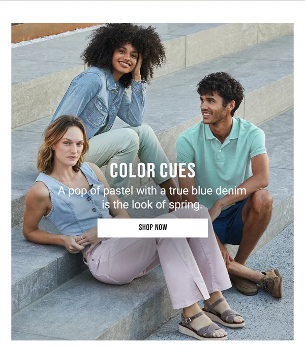 Color Cues. A pop of pastel with a true blue denim is the look of spring. Shop Now