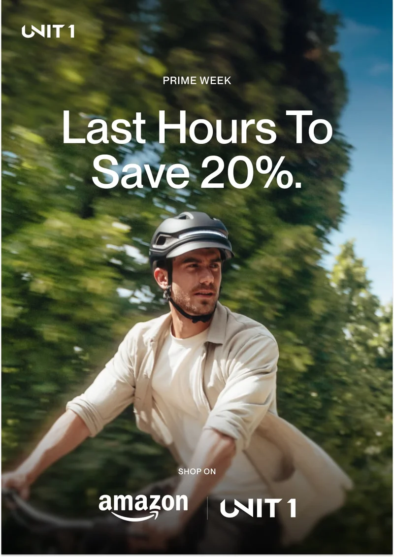Man riding a bike wearing a smart helmet by UNIT 1, with overlay text: 'Last Hours To Save 20% – Prime Week'.