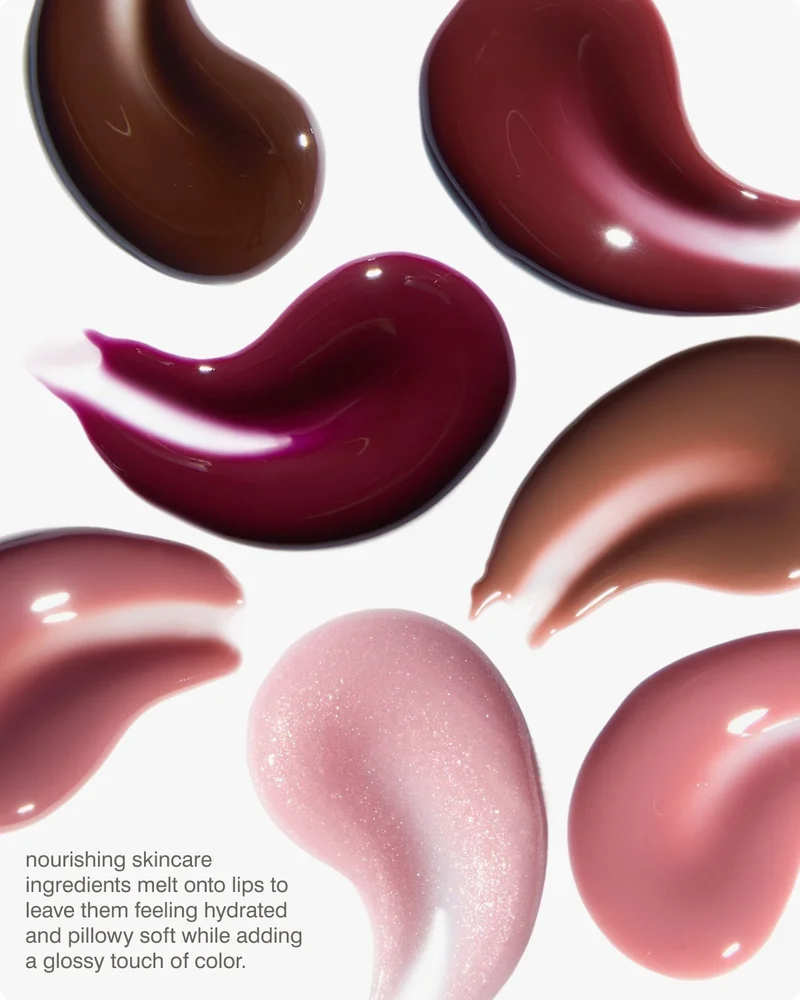 Nourishing skincare ingredients melt onto lips to leave them feeling hydrated and pillowy soft while adding a glossy touch of color.