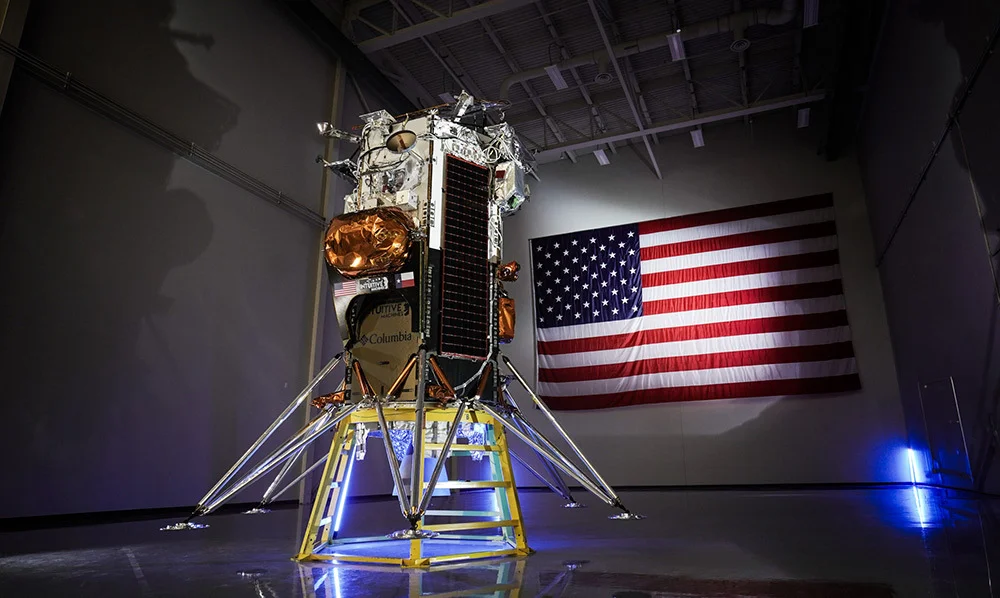 The Nova-C lunar lander is seen on display at Intuitive Machines in Houston prior to the February 15 launch from NASA's Kennedy Space Center in Florida.