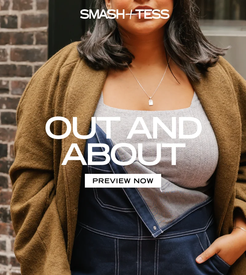 close up of womens chest wearing denim dungarees and wool coat with text 'out and about, preview now' on top