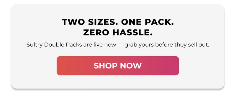 Promotional section reading “Two Sizes. One Pack. Zero Hassle.” announcing Wifey Double Packs with a “Shop Now” button.