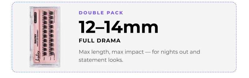 Product selection card showing Sultry cluster lashes double pack in 12–14mm lengths labeled “Full Drama” designed for maximum length and impact.