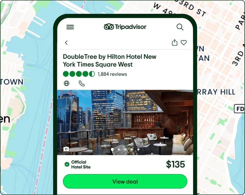 Image Description: Phone screen overlaid on a map shows a hotel page with a price and CTA to ‘view deal’.