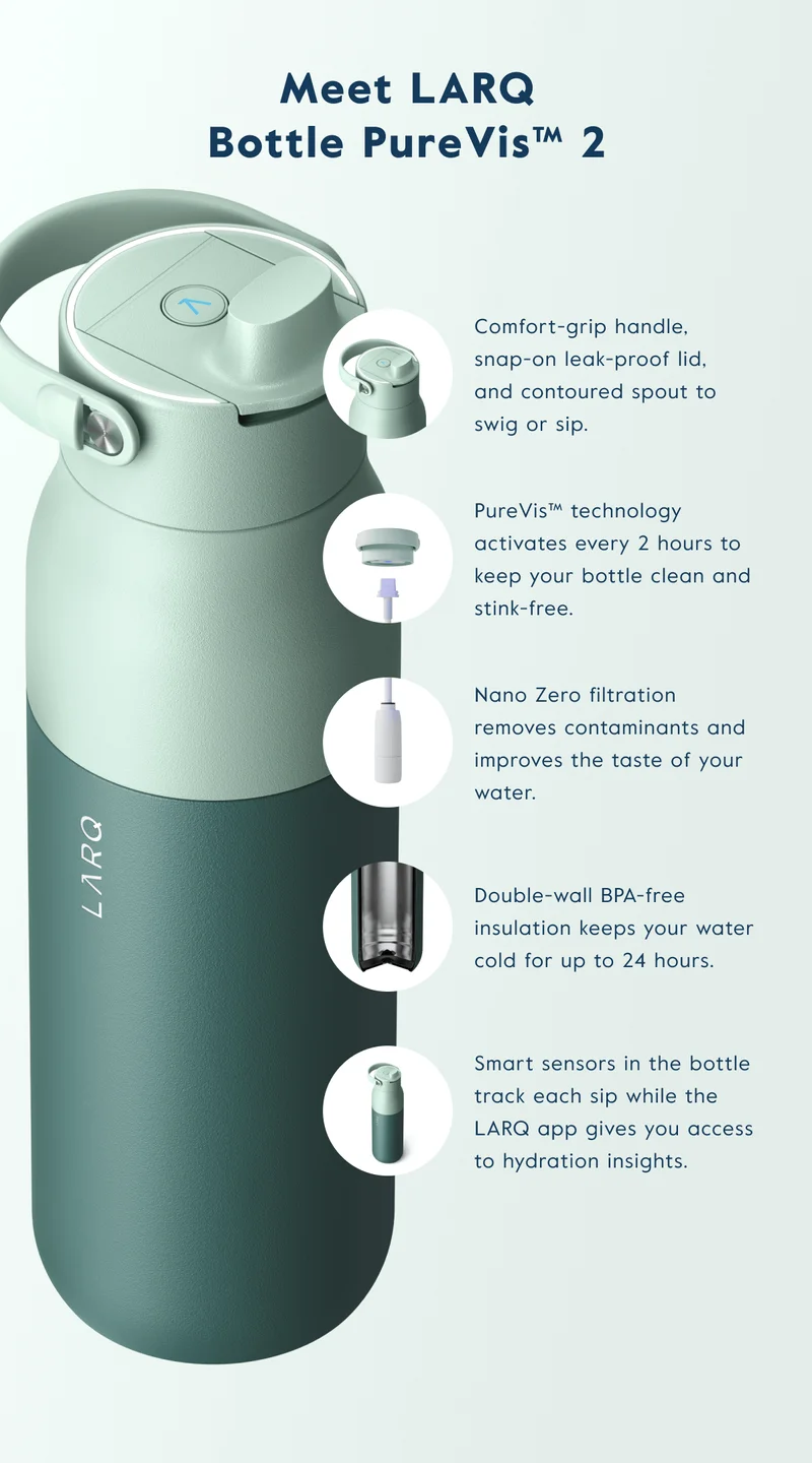 Meet LARQ Bottle PureVis™ 2 - PureVis™ technology, Nano Zero filtration and smart hydration tracking.