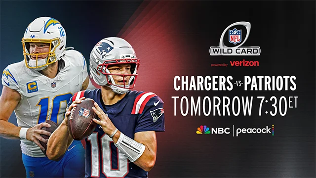 Chargers vs. Patriots Tomorrow at 7:30p ET on NBC & Peaock