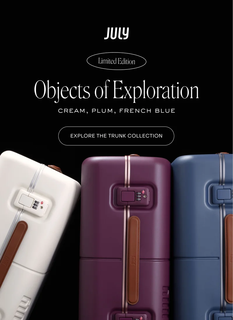 Objects of Exploration. Cream, Plum, French Blue. EXPLORE THE TRUNK COLLECTION.