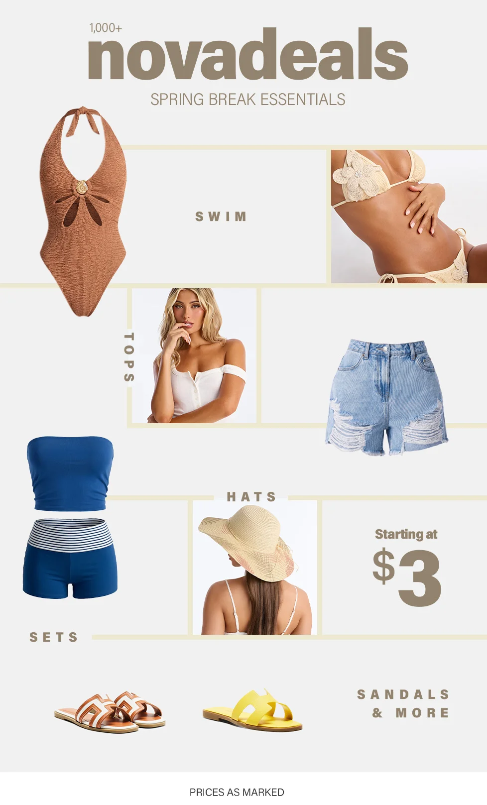 1,000+ Novadeals Spring Break Essentials: trendy swimwear, tops, denim shorts, straw hats, and sandals. Shop now, starting at $3!