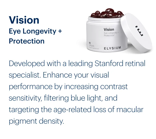 Vision Eye Longevity + Protection | Developed with a leading Stanford retinal specialist. Enhance your visual performance by increasing contrast sensitivity, filtering blue light, and targeting the age-related loss of macular pigment density.