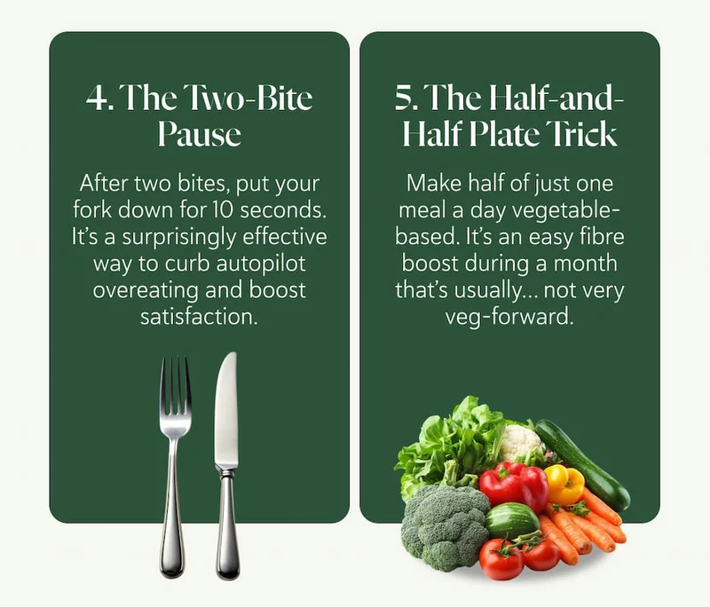 4. The Two-Bite Pause After two bites, put your fork down for 10 seconds. It’s a surprisingly effective way to curb autopilot overeating and boost satisfaction.  5. The Half-and-Half Plate Trick Make half of just one meal a day vegetable-based. Not all your meals. Just one. It’s an easy fibre boost during a month that’s usually… not very veg-forward.
