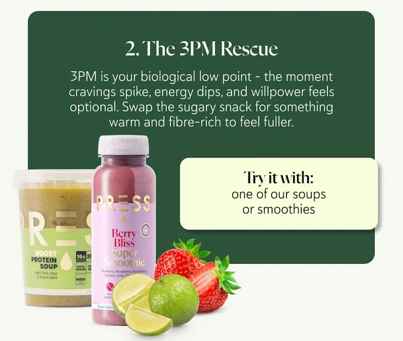 2. The 3PM Rescue 3PM is your biological low point - the moment cravings spike, energy dips, and willpower feels optional. Swap the sugary snack for something warm and fibre-rich to feel fuller.  Try it with: one of our soups or a Gut Health Smoothie.