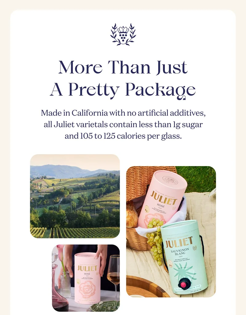 More Than Just A Pretty Package | Made in California with no artificial additives, all Juliet varietals contain less than 1g sugar and 105 to 125 calories per glass.