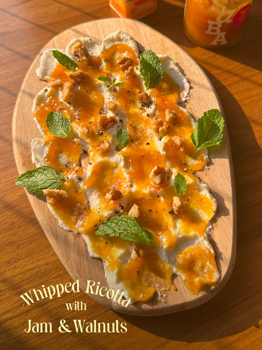 Whipped ricotta with jam & walnuts