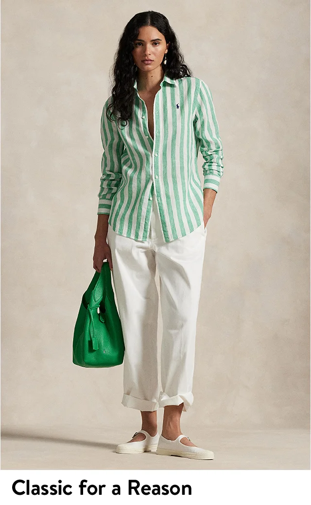 Models wearing striped Polo Ralph Lauren button-up and white pants.