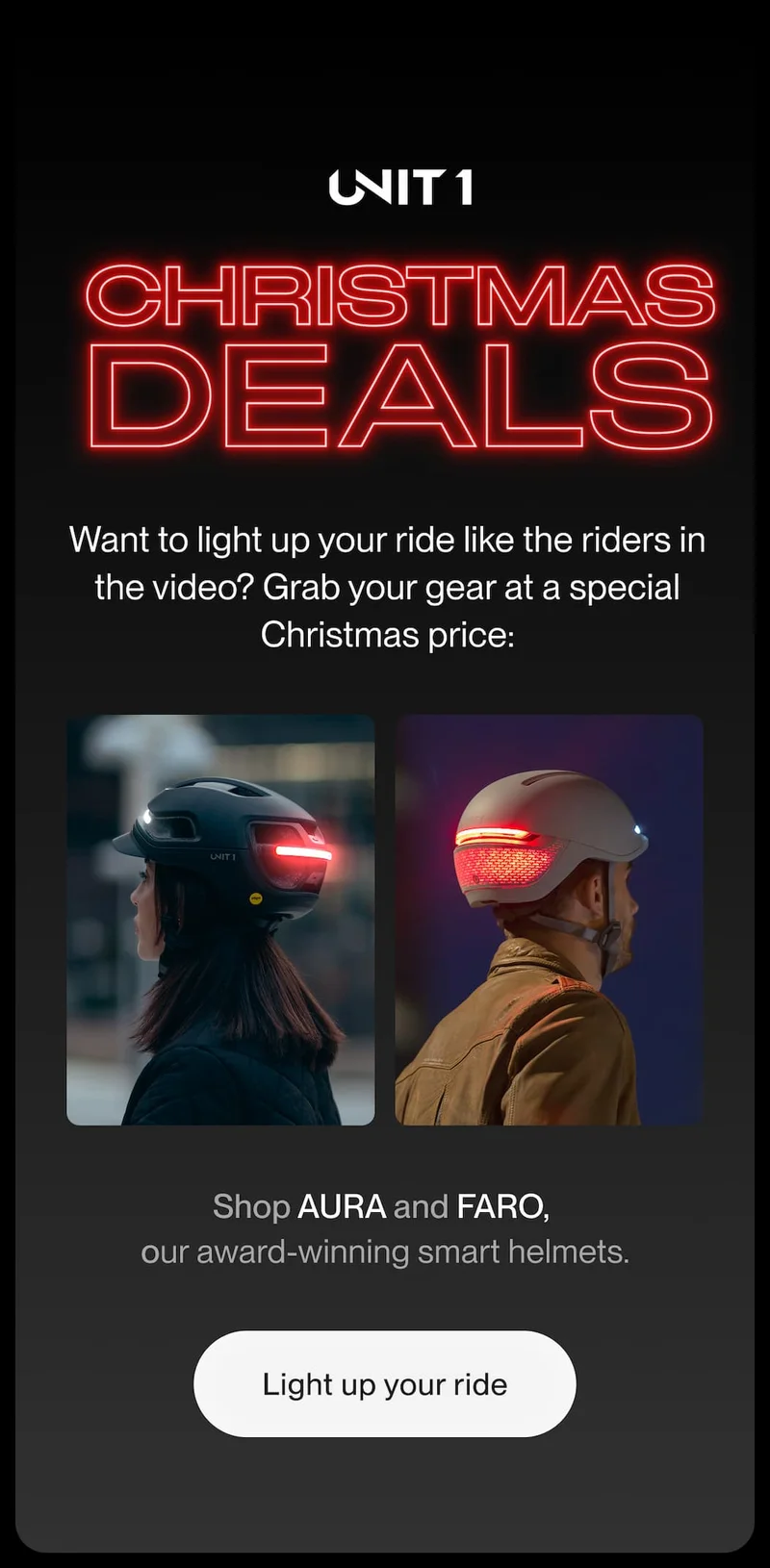 FARO smart helmet with front and rear integrated lights and Mips, presented with lifestyle photos of riders using it on nighttime commutes.