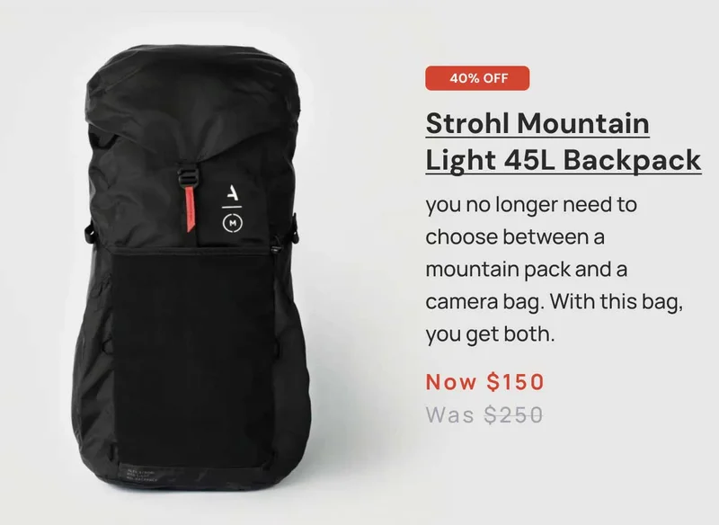40% off Strohl Mountain Light 45L backpack Now $150