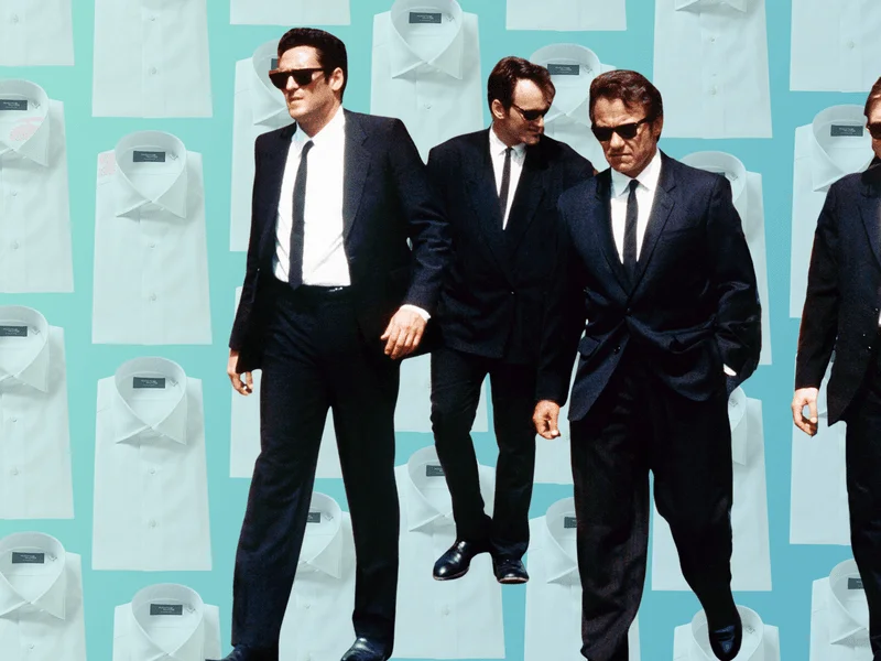 Image may contain: Tim Roth, Harvey Keitel, Michael Madsen, Quentin Tarantino, Clothing, Formal Wear, Suit, Blazer, and Coat
