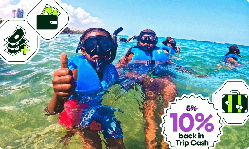 Image Description: Two people snorkeling in the water with illustrations of money, a wallet, and a suitcase floating in the background.