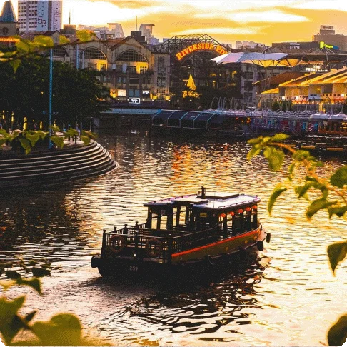 Image Description: A boat on the water with a city in the background.