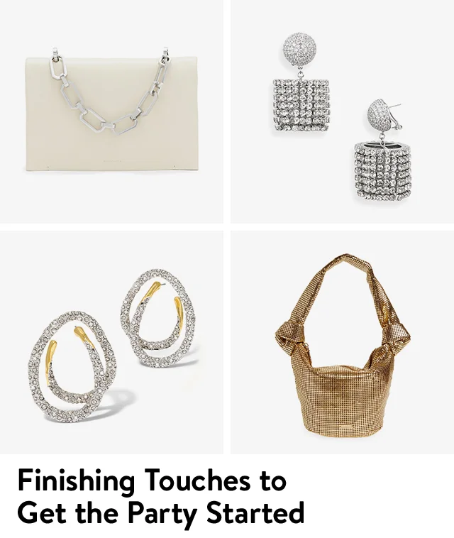 A white leather clutch, crystal drop earrings, crystal hoop earrings, a mesh shoulder bag.