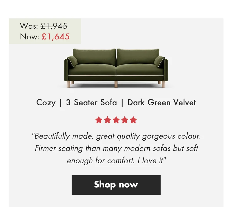 Cozy - 3 Seater Sofa - Dark Green Velvet