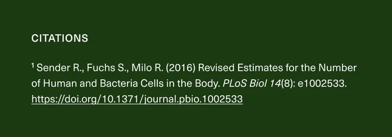 CITATIONS. ¹Sender R., Fuchs S., Milo R. (2016) Revised Estimates for the Number of Human and Bacteria Cells in the Body. PLoS Biol 14(8): e1002533. https://doi.org/10.1371/journal.pbio.1002533