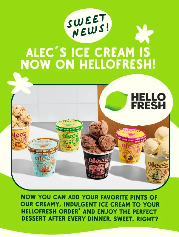 Alec's ice cream is now available through hellofresh meal kit.