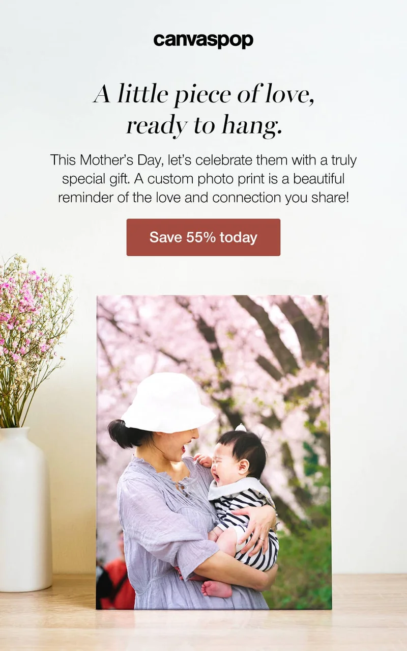 A little piece of love, ready to hang. This Mother's Day, let's celebrate them with a truly special gift. A custom photo print is a beautiful reminder of the love and connection you share!