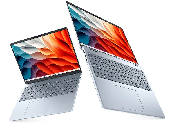 Two Dell 16 Plus Laptop computers in midair.