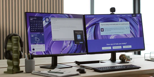A well-appointed workspace with a Dell laptop computer, two monitors, a dock, webcam, wireless headset, keyboard and mouse.