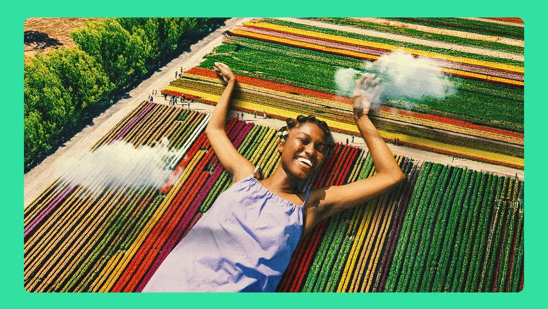 Image Description: A gif of images of people doing various activities including laying in a field of flowers, wearing a beauty face mask, and holding a disco ball with the northern lights in the background.