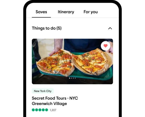 Image Description: A phone screen showing the “Saves” tab and an image of a person holding two slices of pizza.