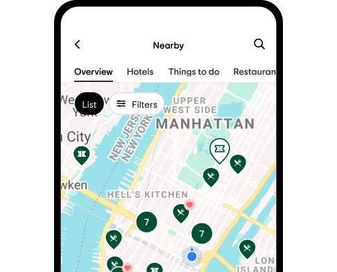 Image Description: A phone screen with a map and geo pins of various experiences and restaurants in Manhattan.
