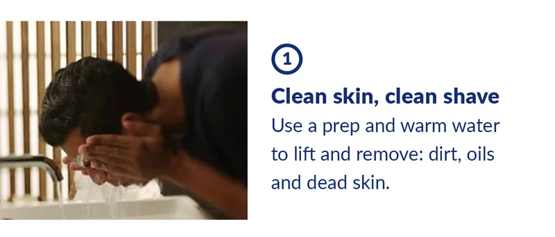 1. Clean skin, clean shave. Use a prep and warm water to lift and remove: dirt, oils and dead skin.