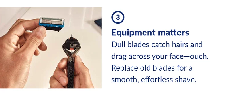 3. Equipment matters. Dull blades catch hairs and drag across your face—ouch. Replace old blades for a smooth, effortless shave.